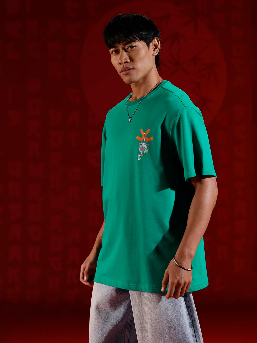 Playful chest print oversized T-shirt | Green