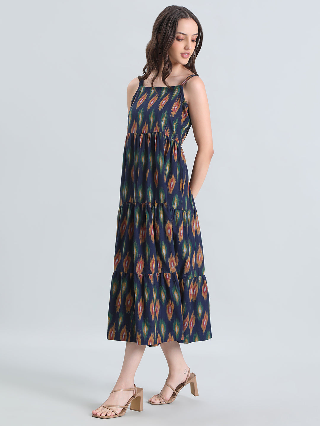 Ikat Print Cotton Smocked Back Tiered Dress