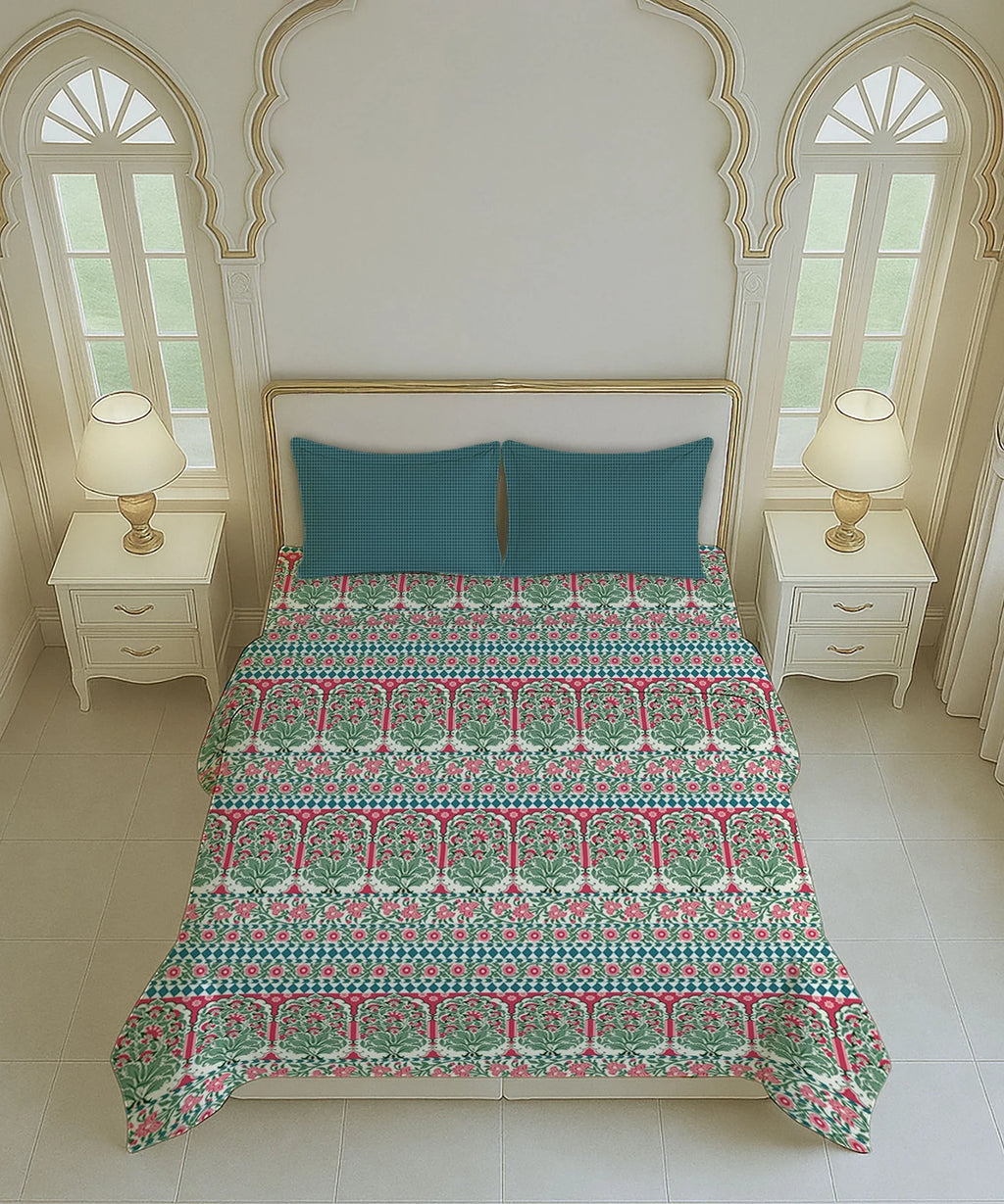 Home Essential Royal Bloom Queen Bedsheet Set, Rosario Teal| 144TC Cotton| 2 Pillow Covers