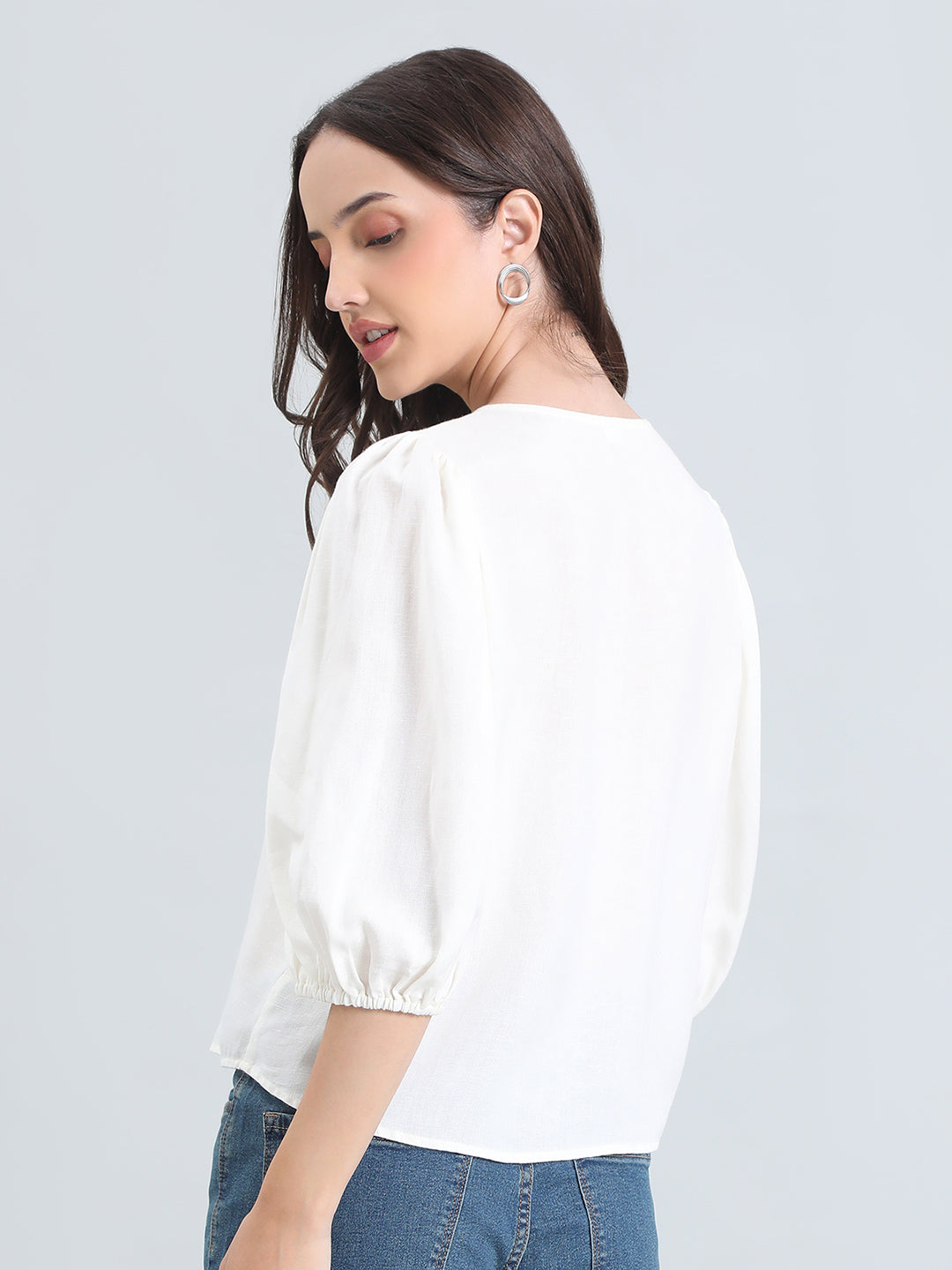 Linen Puff Sleeve Crew Neck Shirt