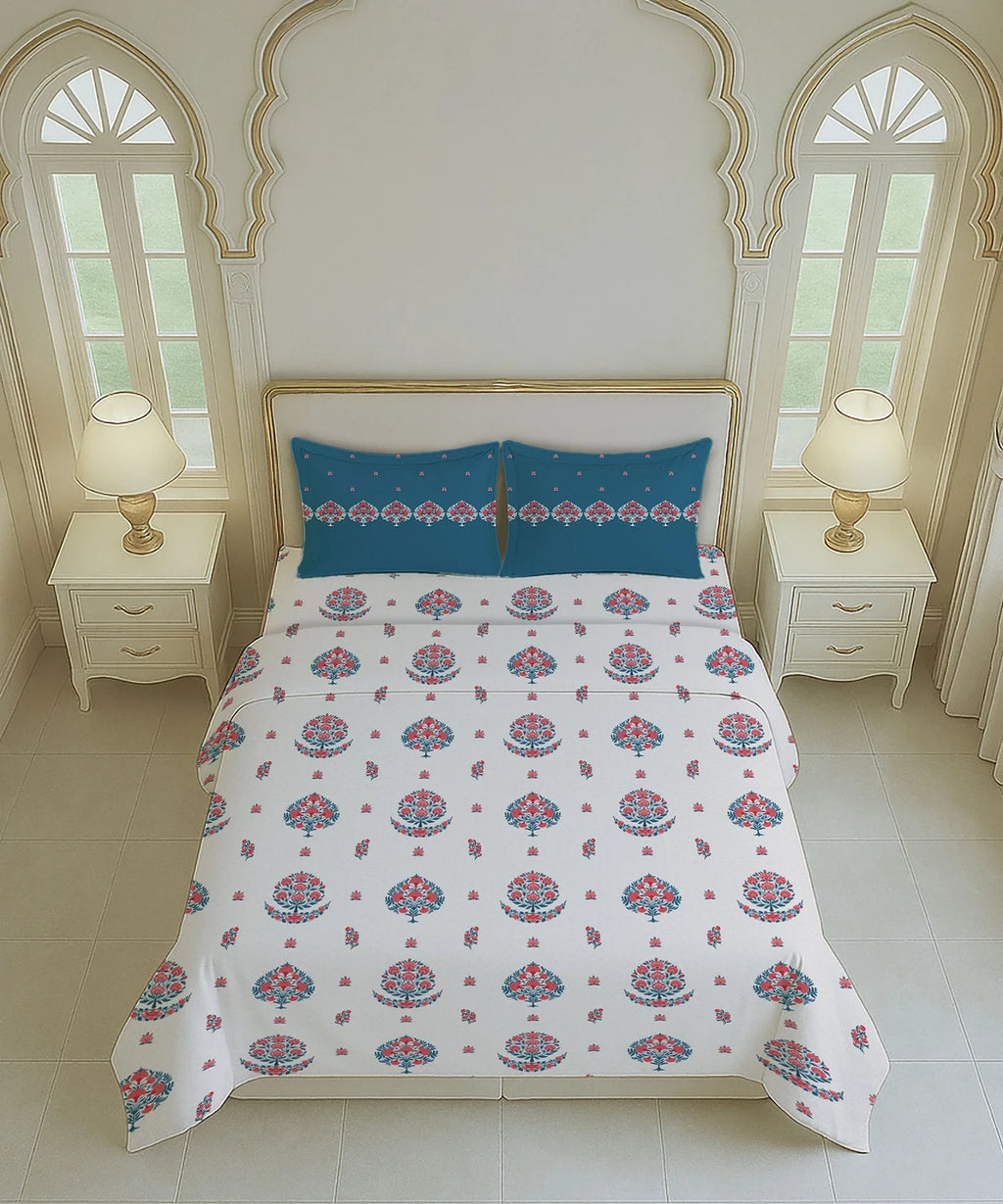 Home Essential Royal Bloom Queen Bedsheet Set, Lindon Blue| 144TC Cotton| 2 Pillow Covers