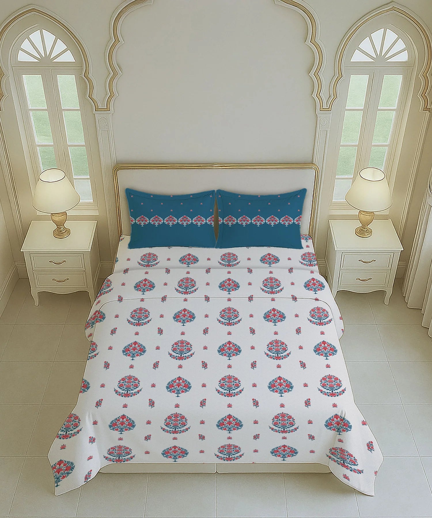 Home Essential Royal Bloom Queen Bedsheet Set, Lindon Blue| 144TC Cotton| 2 Pillow Covers
