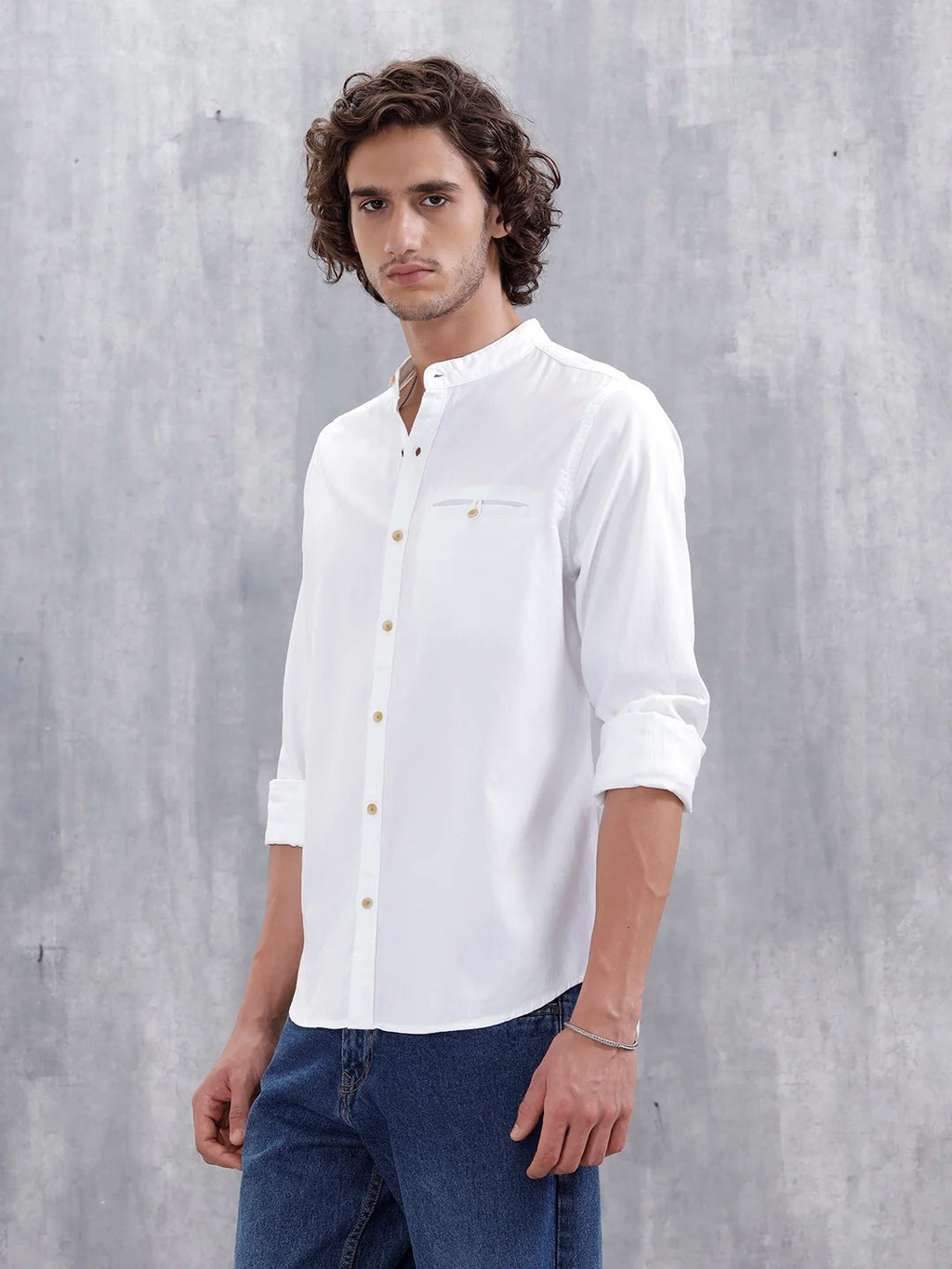 100% Cotton Solid Mandarin Collar Shirt | Off White