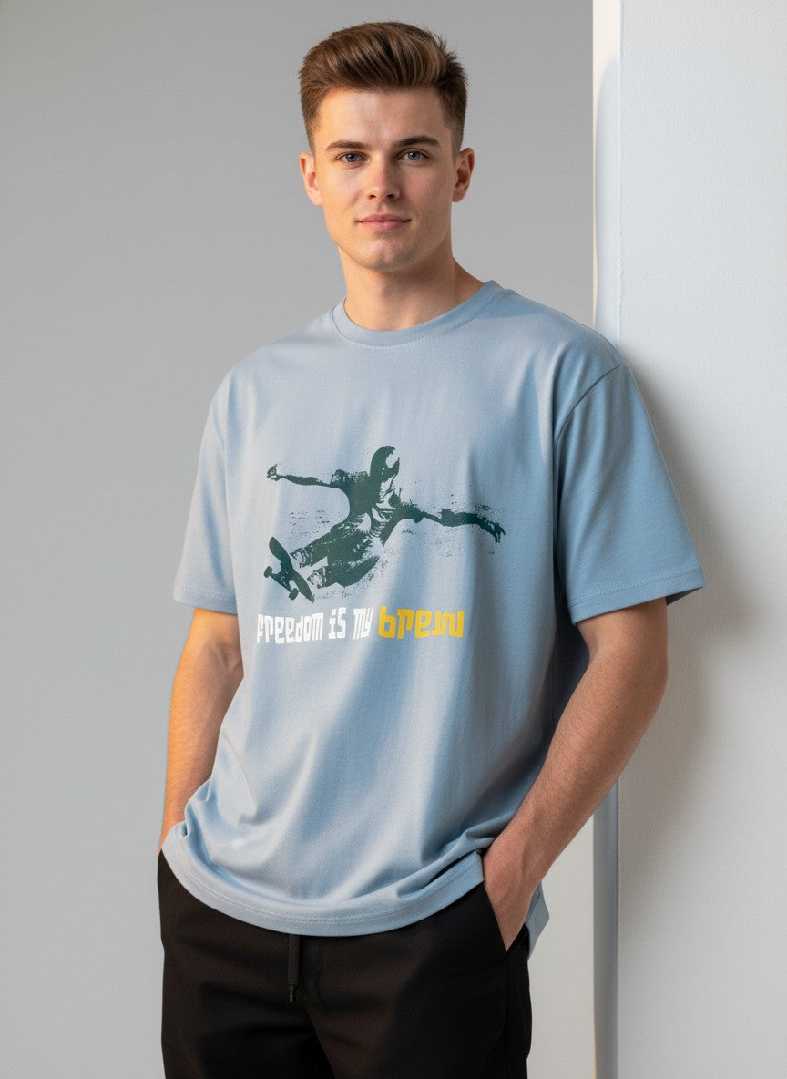 Men Cotton Ice Blue T-Shirt