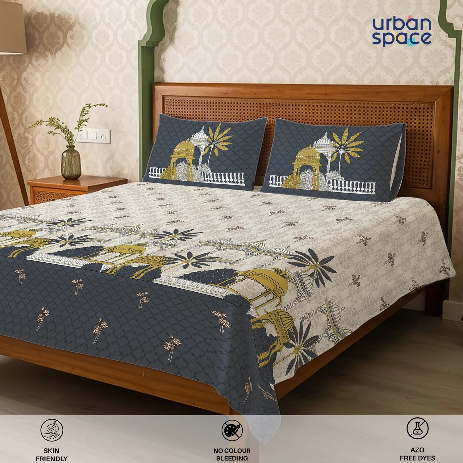 Serene 300 TC 100% Cotton Bedsheet with Pillow Covers, Panel Design - Aangan Grey