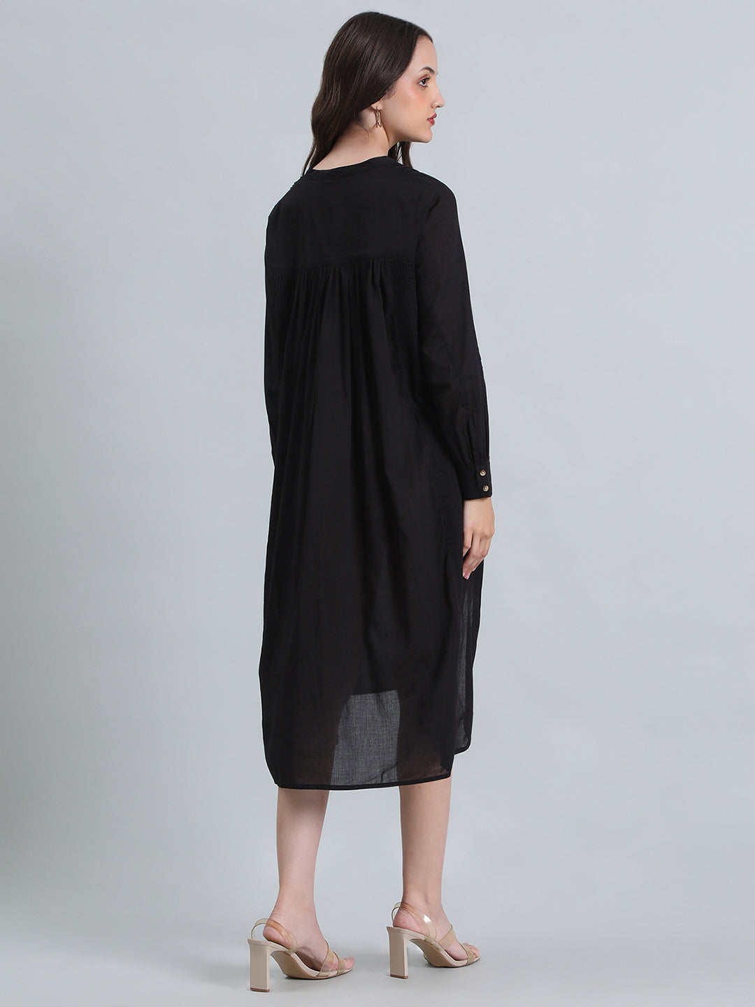 Cotton Pin-Tuck & Lace Trim Mandarin Collar Dress