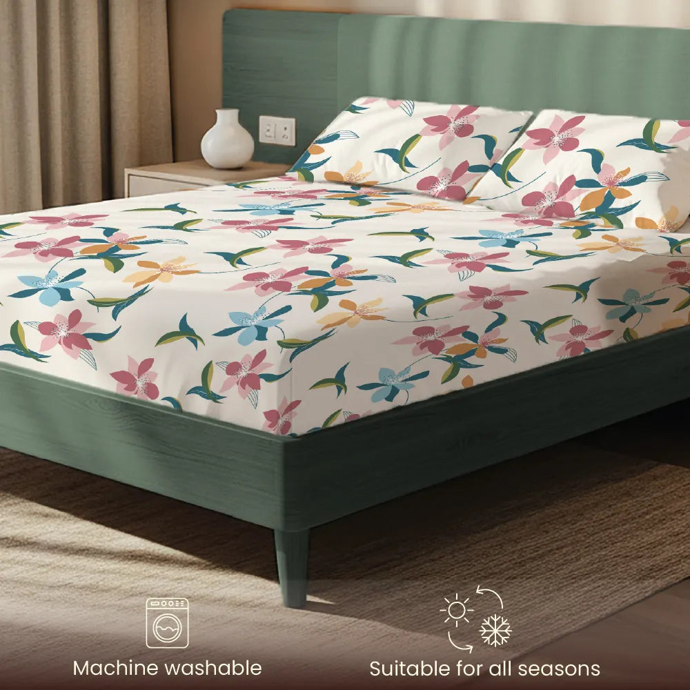 200 TC Glaced Cotton Microfiber Bedsheet with Pillow Covers - Bloomingdale
