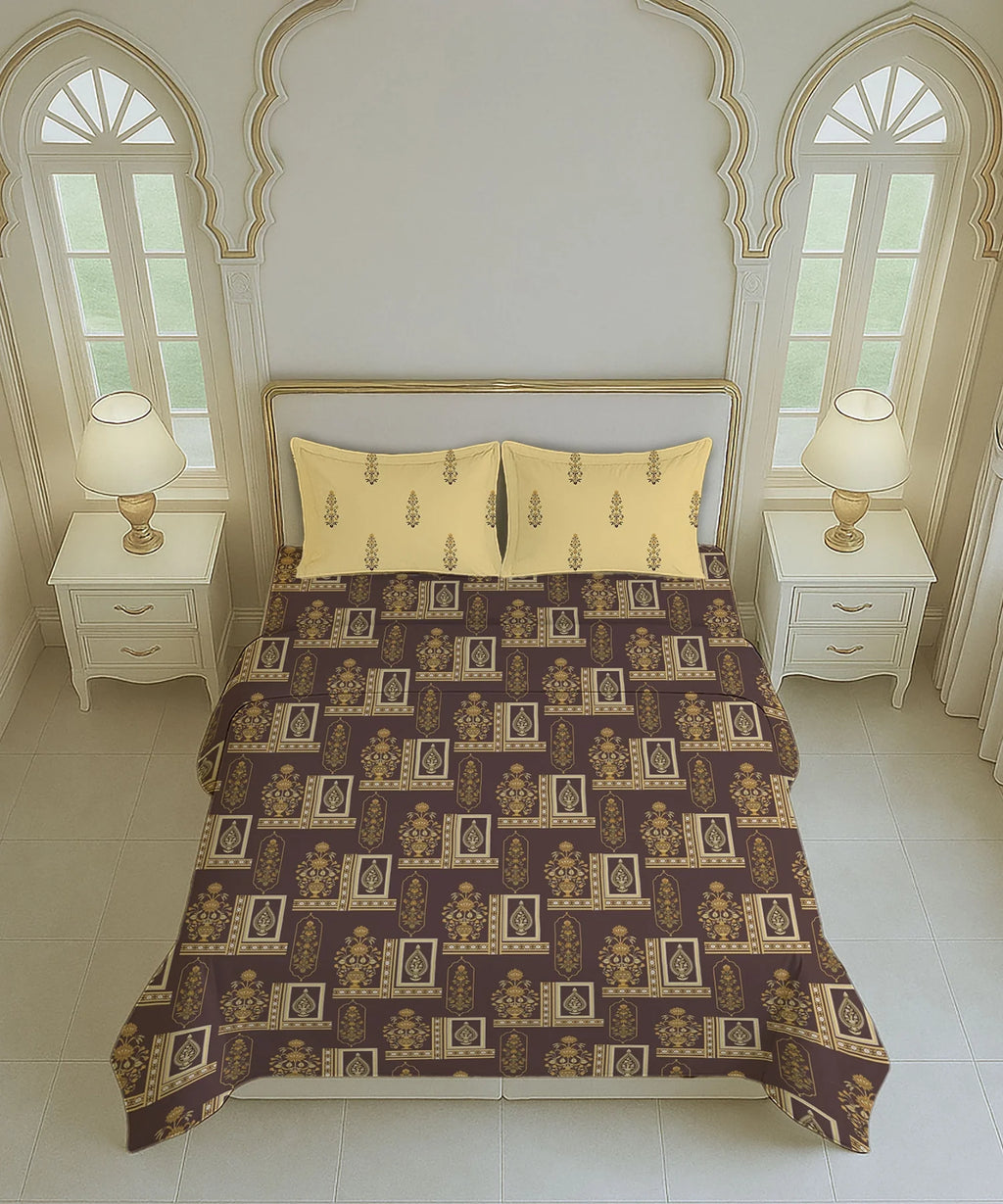 Home Essential Royal Bloom Queen Bedsheet Set, Mirabella Ochre | 144TC Cotton| 2 Pillow Covers