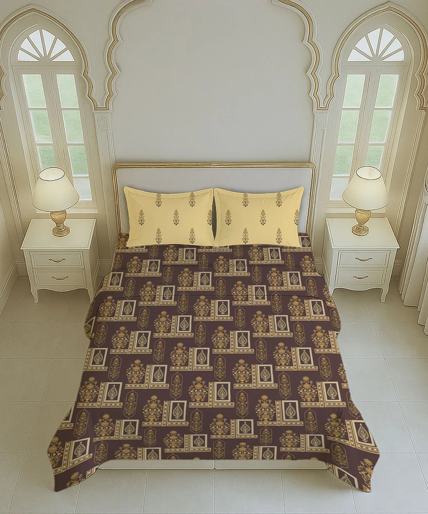 Home Essential Royal Bloom Queen Bedsheet Set, Mirabella Ochre | 144TC Cotton| 2 Pillow Covers
