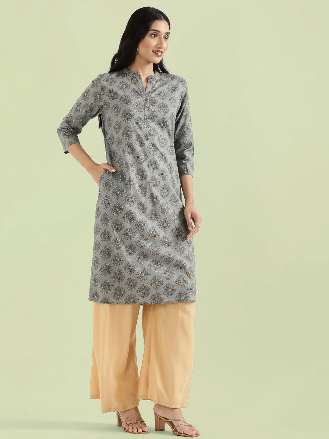 Cotton Medallion Print Straight Kurta