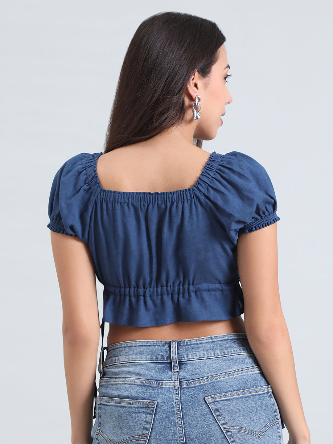 Linen Blend Square Neck Cropped Gathered Blouse