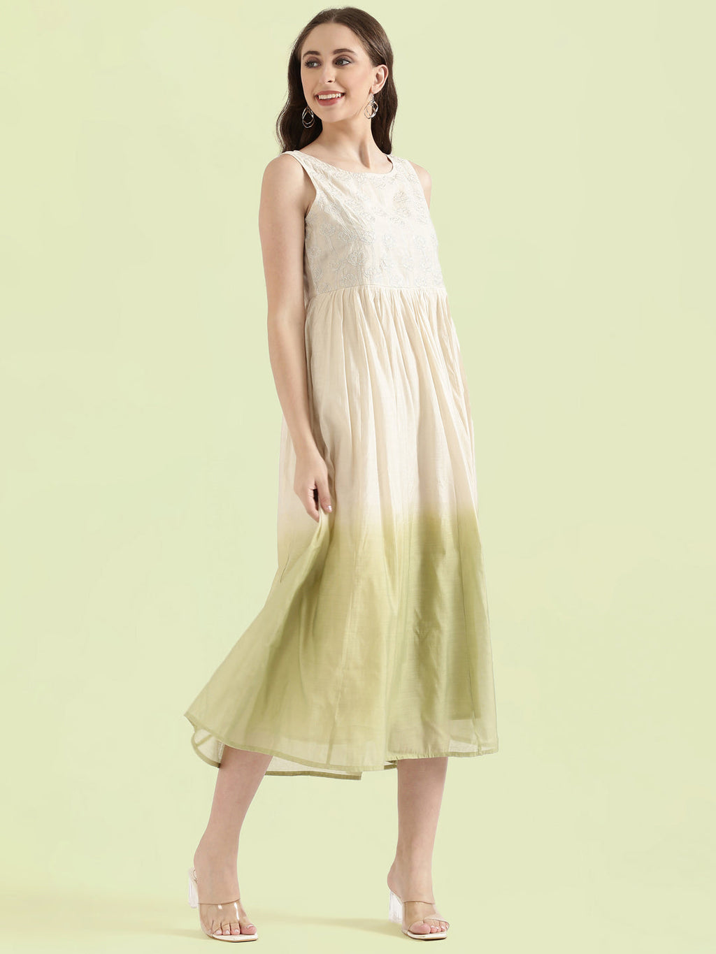 Chanderi Lotus Embroidered Ombre Dip-Dye Gathered Dress