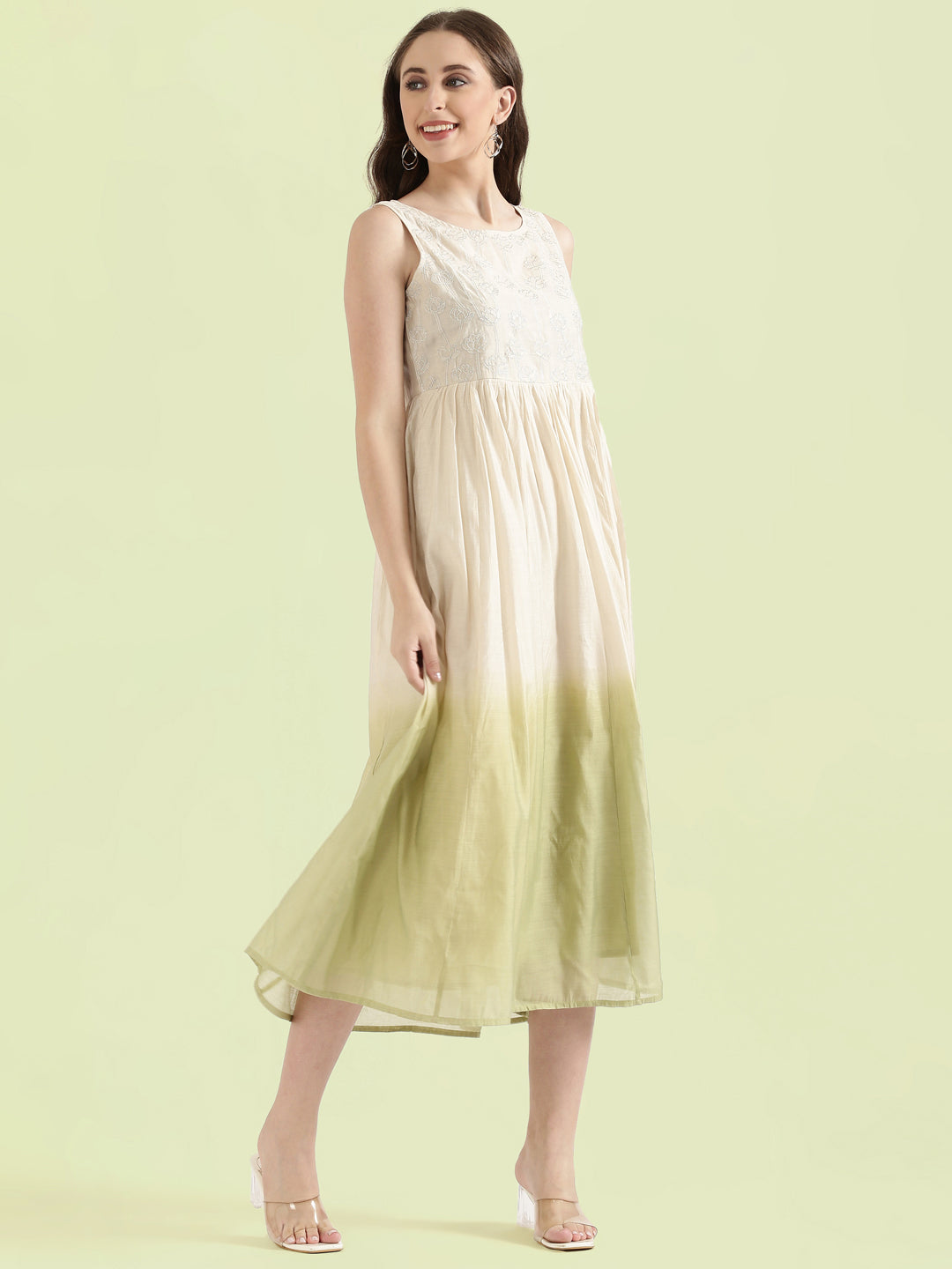 Chanderi Lotus Embroidered Ombre Dip-Dye Gathered Dress