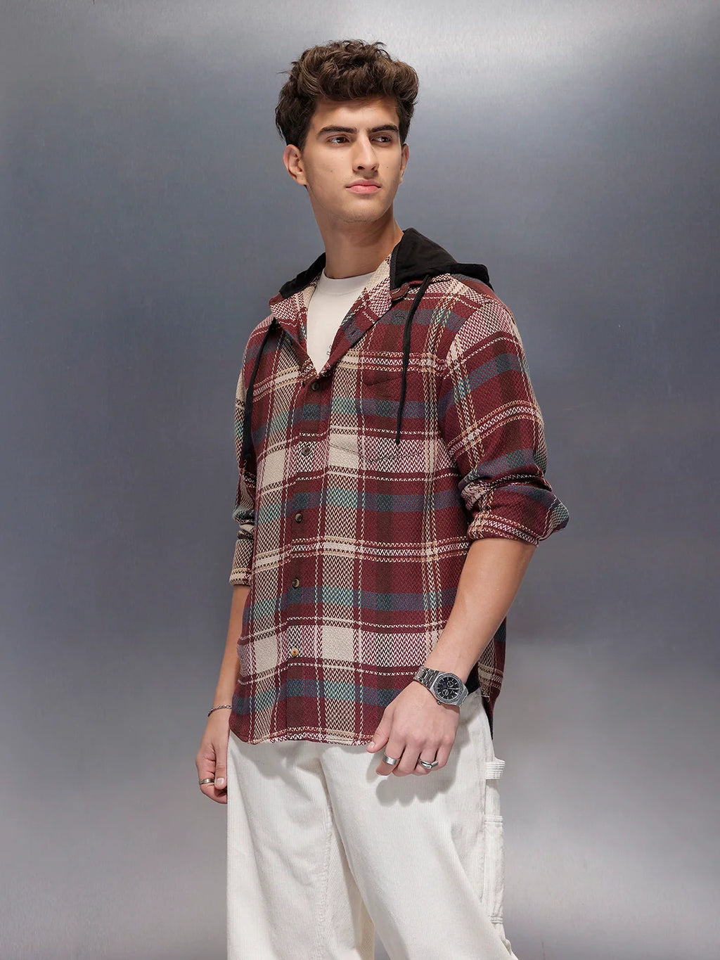 Classic Herringbone Hooded Shirt  | Maroon