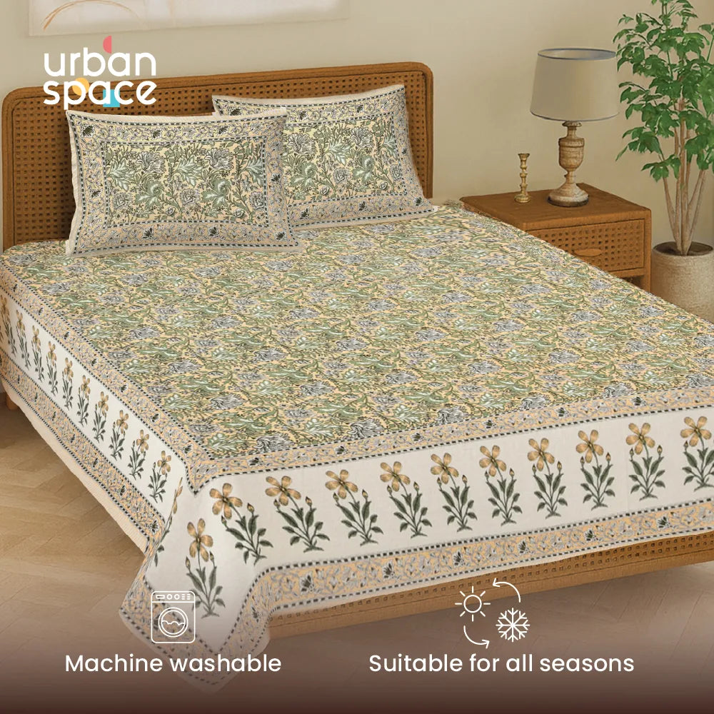Rajasthani Ethnic 100% Cotton Bedsheet with 2 Pillow Covers, Double & King Bed - Rangrez Yellow