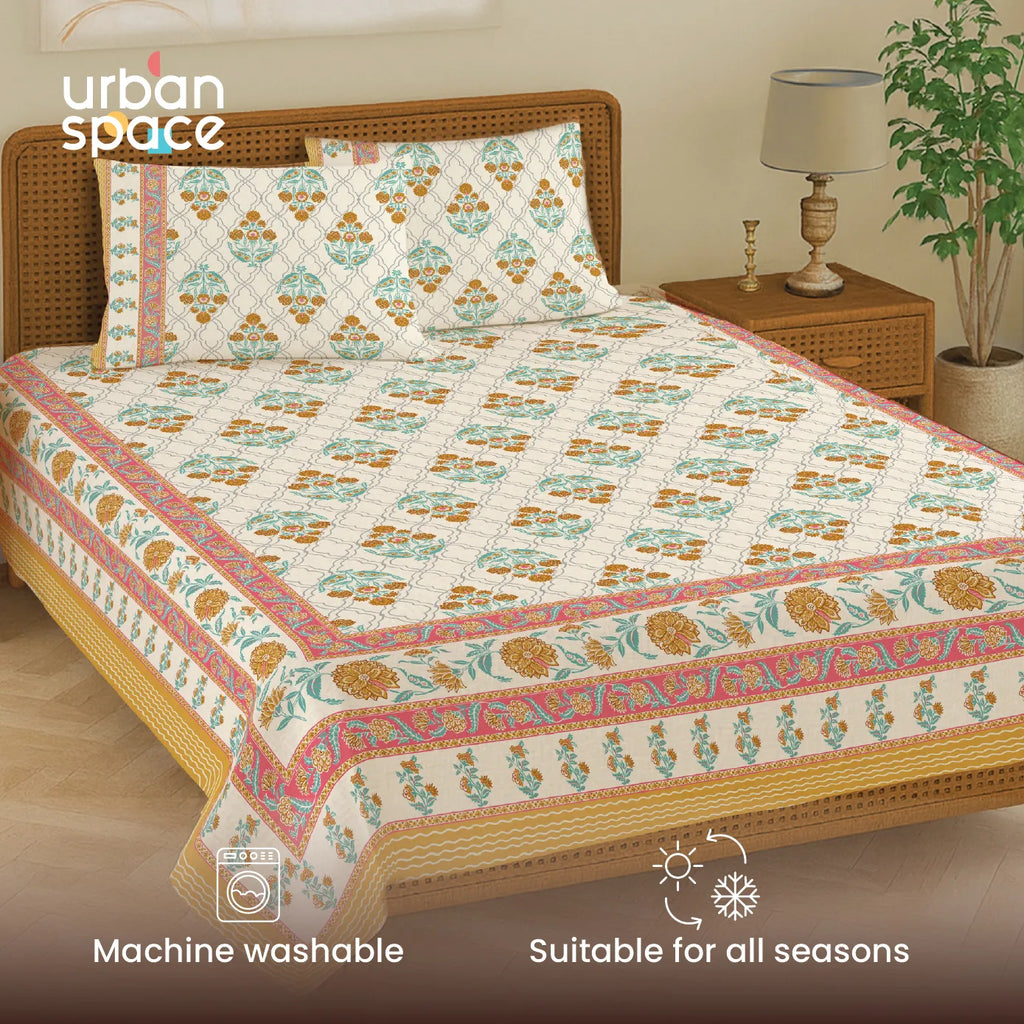 Rajasthani Ethnic 100% Cotton Bedsheet with 2 Pillow Covers - Amberjaal Yellow