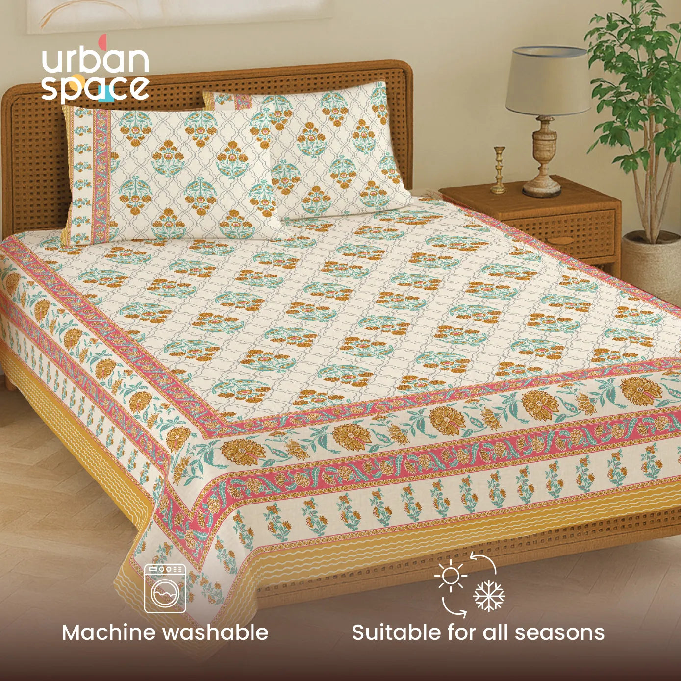 Rajasthani Ethnic 100% Cotton Bedsheet with 2 Pillow Covers - Amberjaal Yellow