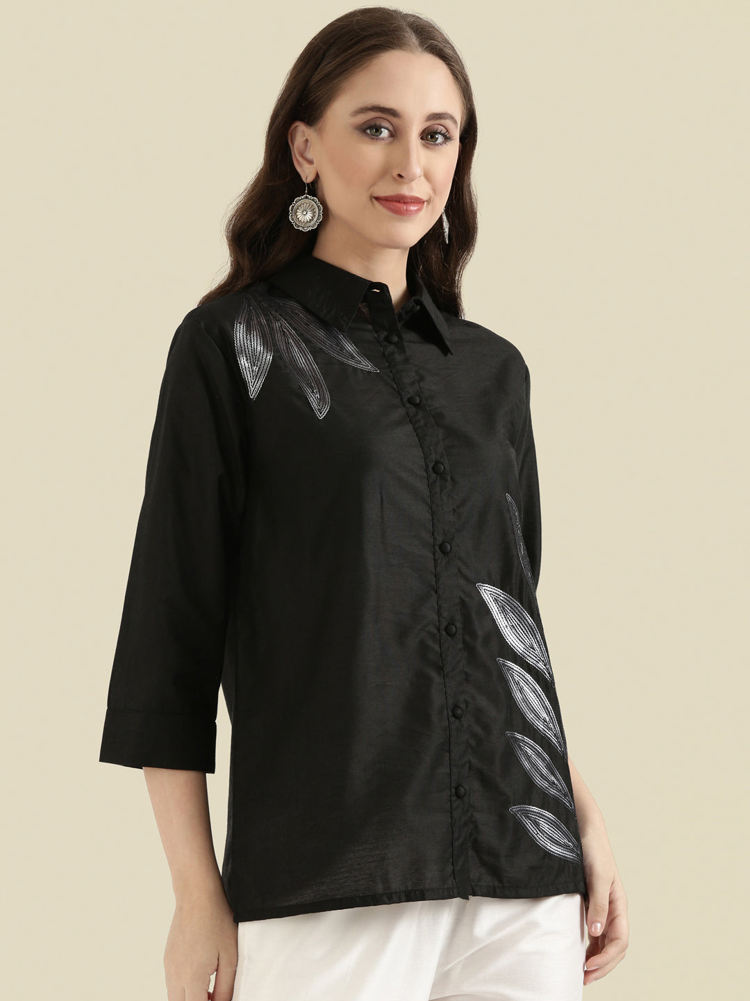 Viscose Sequin Embroidery Classic Collar Blouse