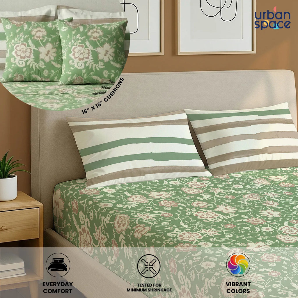 5 PC Cotton Double Bedsheet Set with 2 Pillow + 2 Cushion Covers - Viola Sage Green