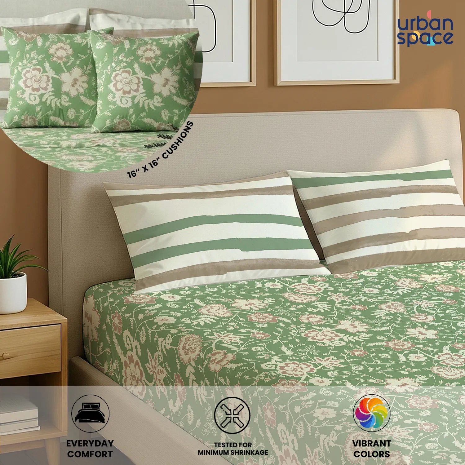 5 PC Cotton Double Bedsheet Set with 2 Pillow + 2 Cushion Covers - Viola Sage Green