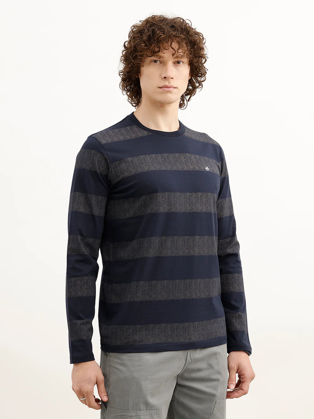 Slim Fit Printed Striped T-Shirt | Navy Blue
