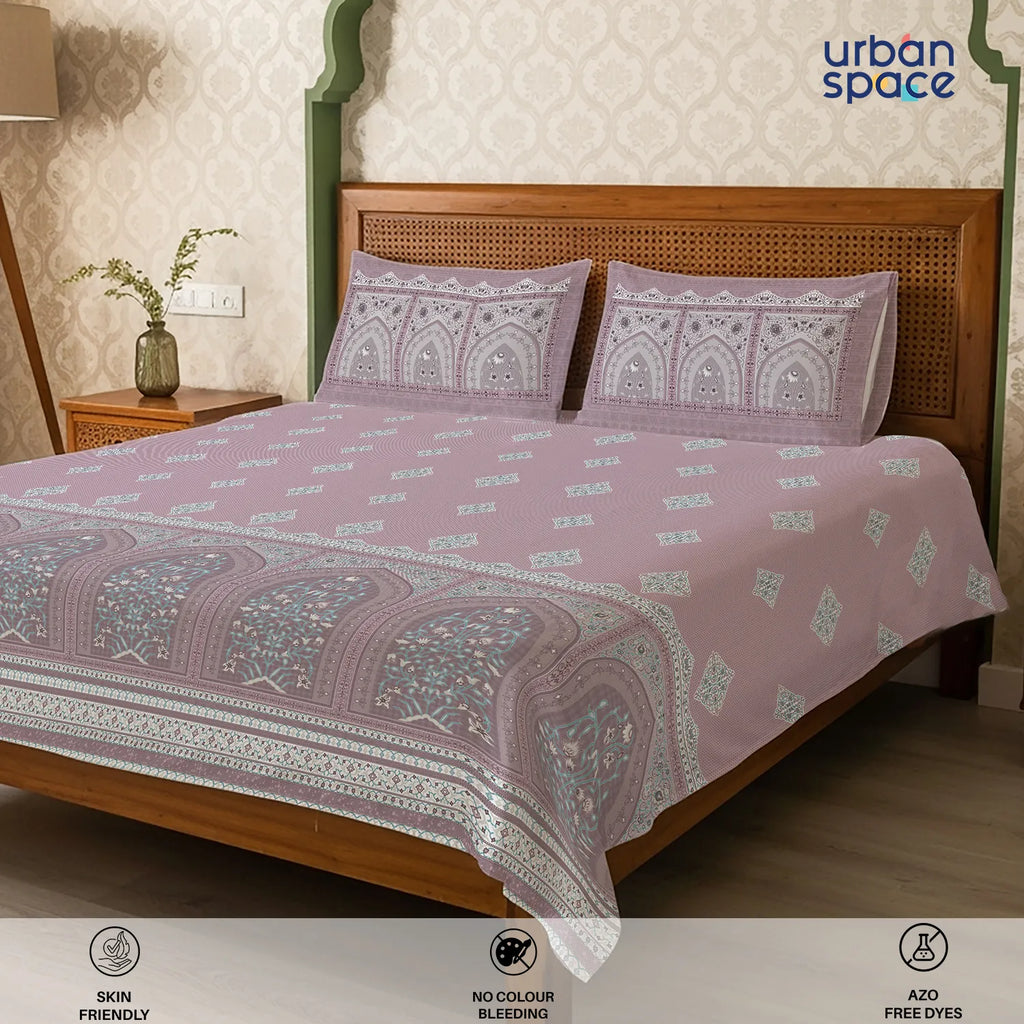 Serene 300 TC 100% Cotton Bedsheet with Pillow Covers, Panel Design - Jharokha Mauve