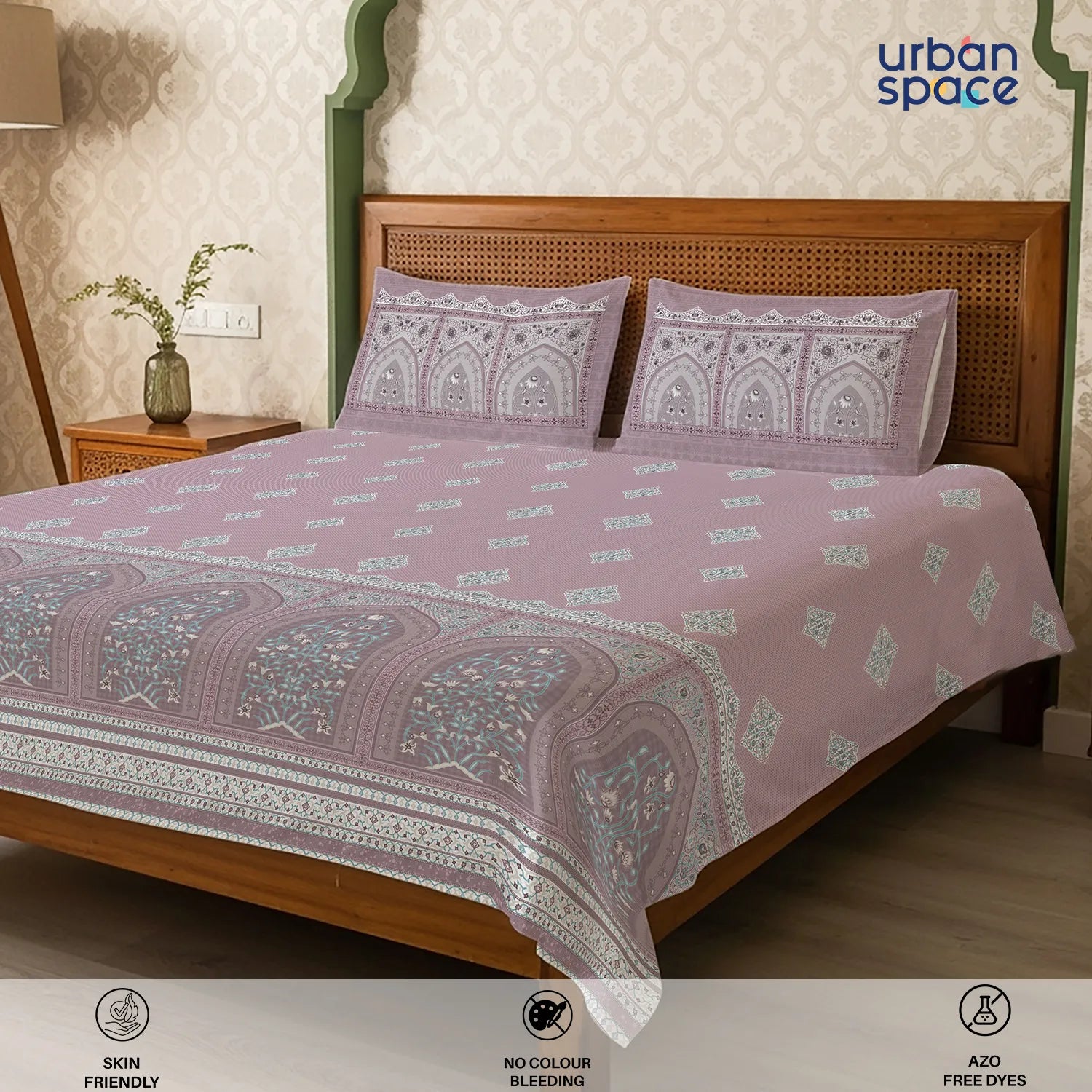 Serene 300 TC 100% Cotton Bedsheet with Pillow Covers, Panel Design - Jharokha Mauve