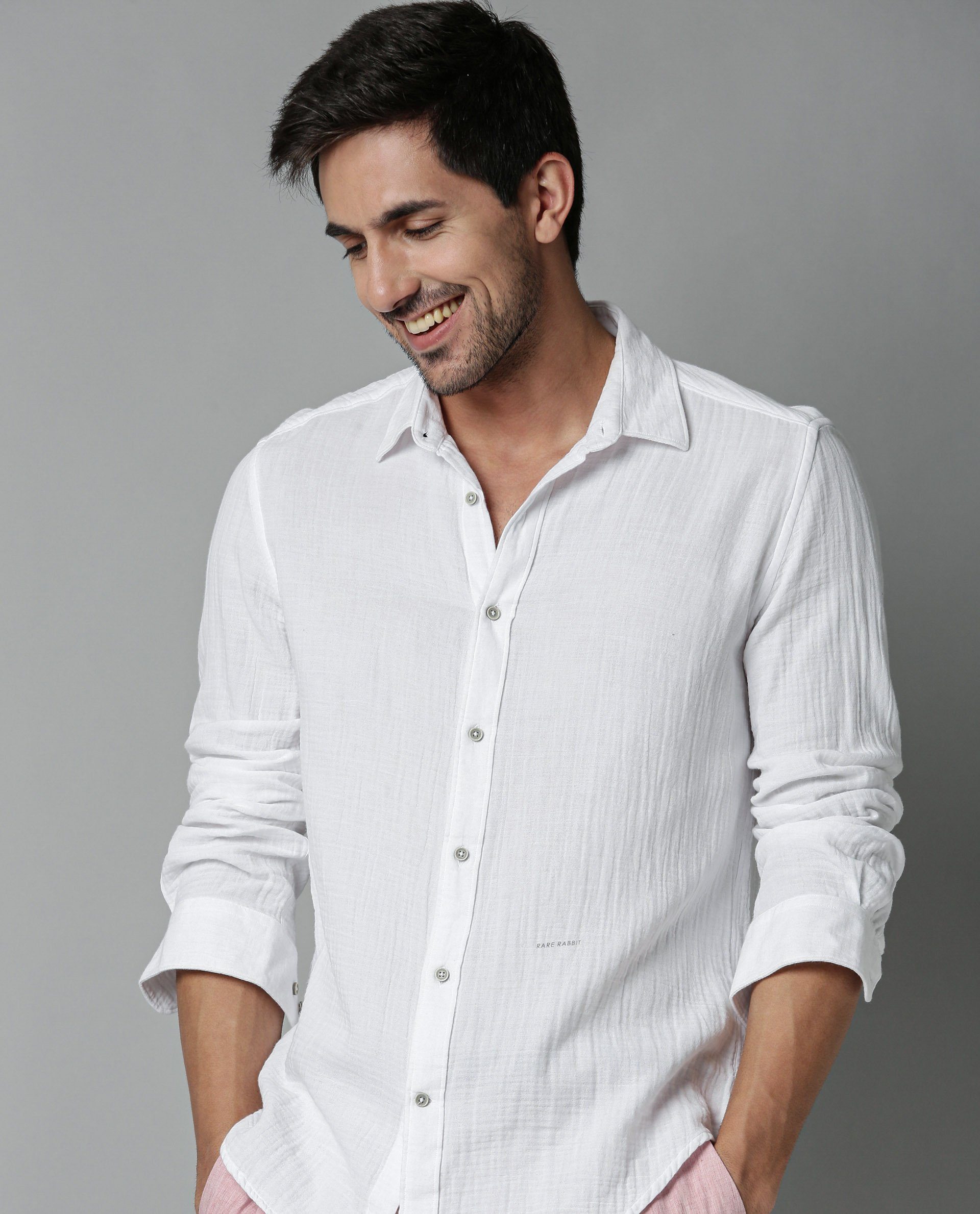 Rare Rabbit Men's Layerr White Plain Regular Fit Full Sleeve Spread Collar Shirt