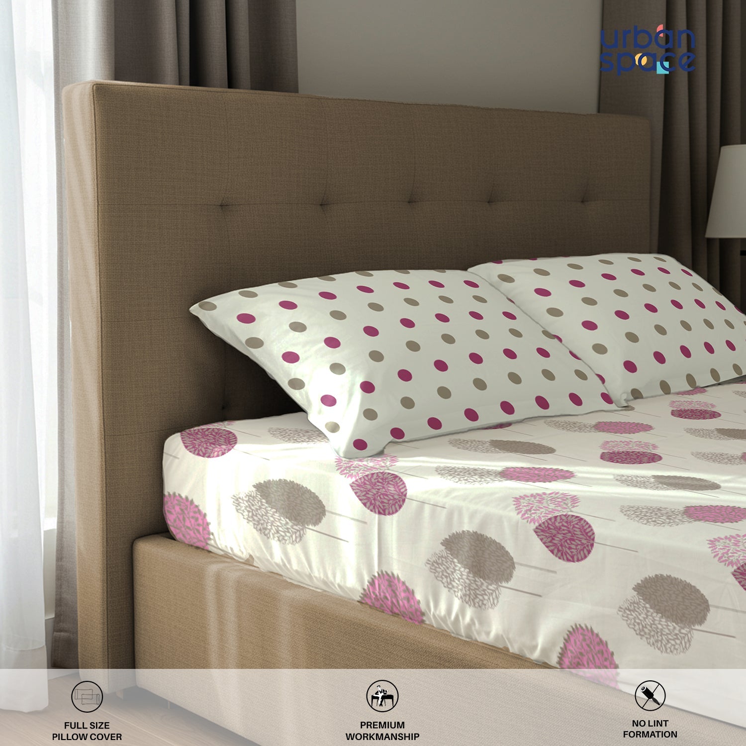 Serene 200 TC 100% Cotton Bedsheet with Pillow Covers - Drops Pink