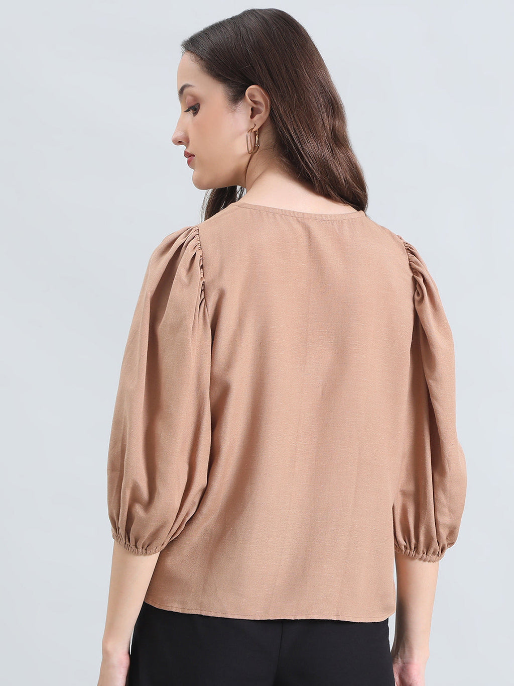 Linen Puff Sleeve Crew Neck Shirt