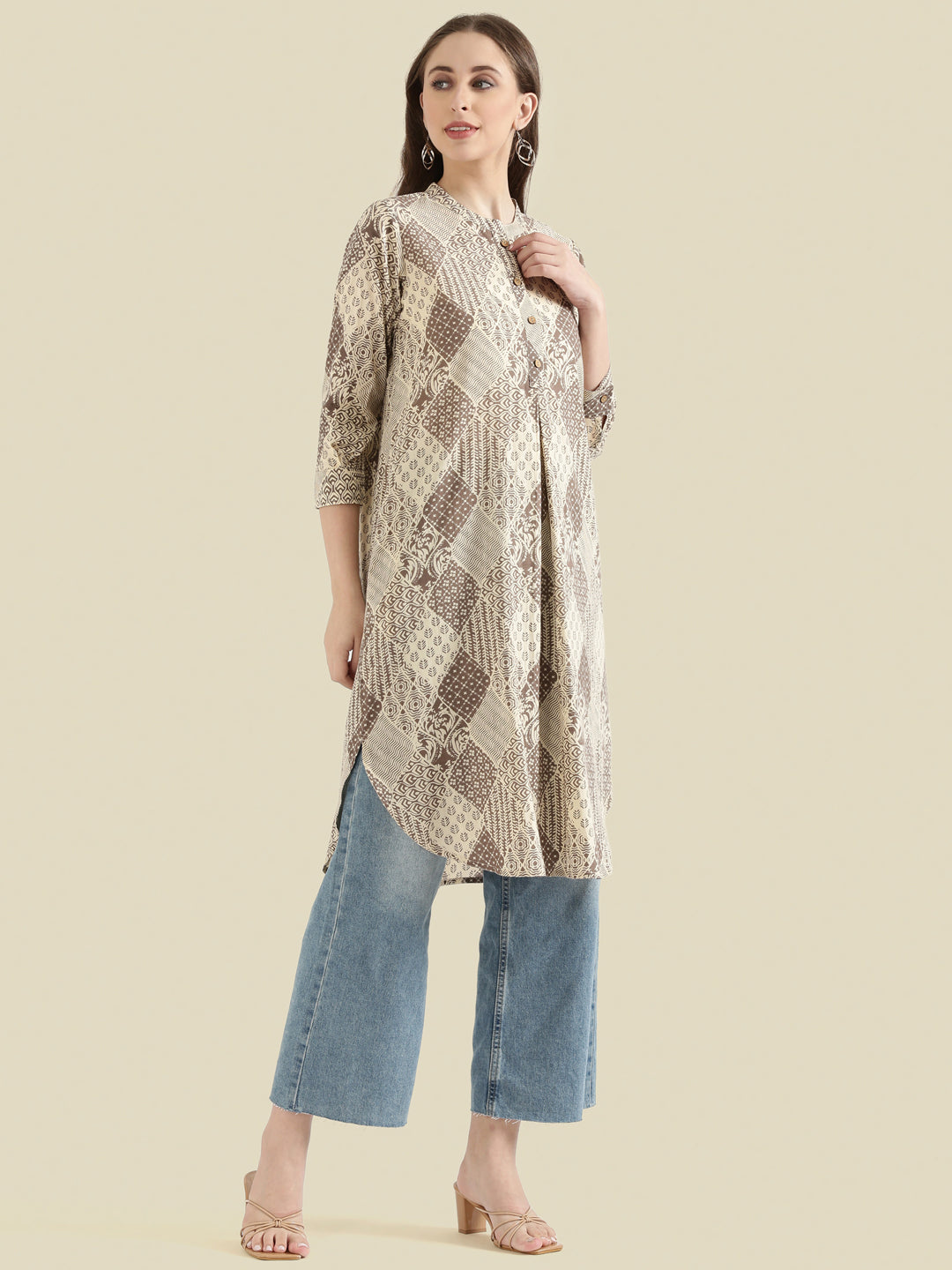Cotton Patchwork Block-Print Loose Fit Kurta
