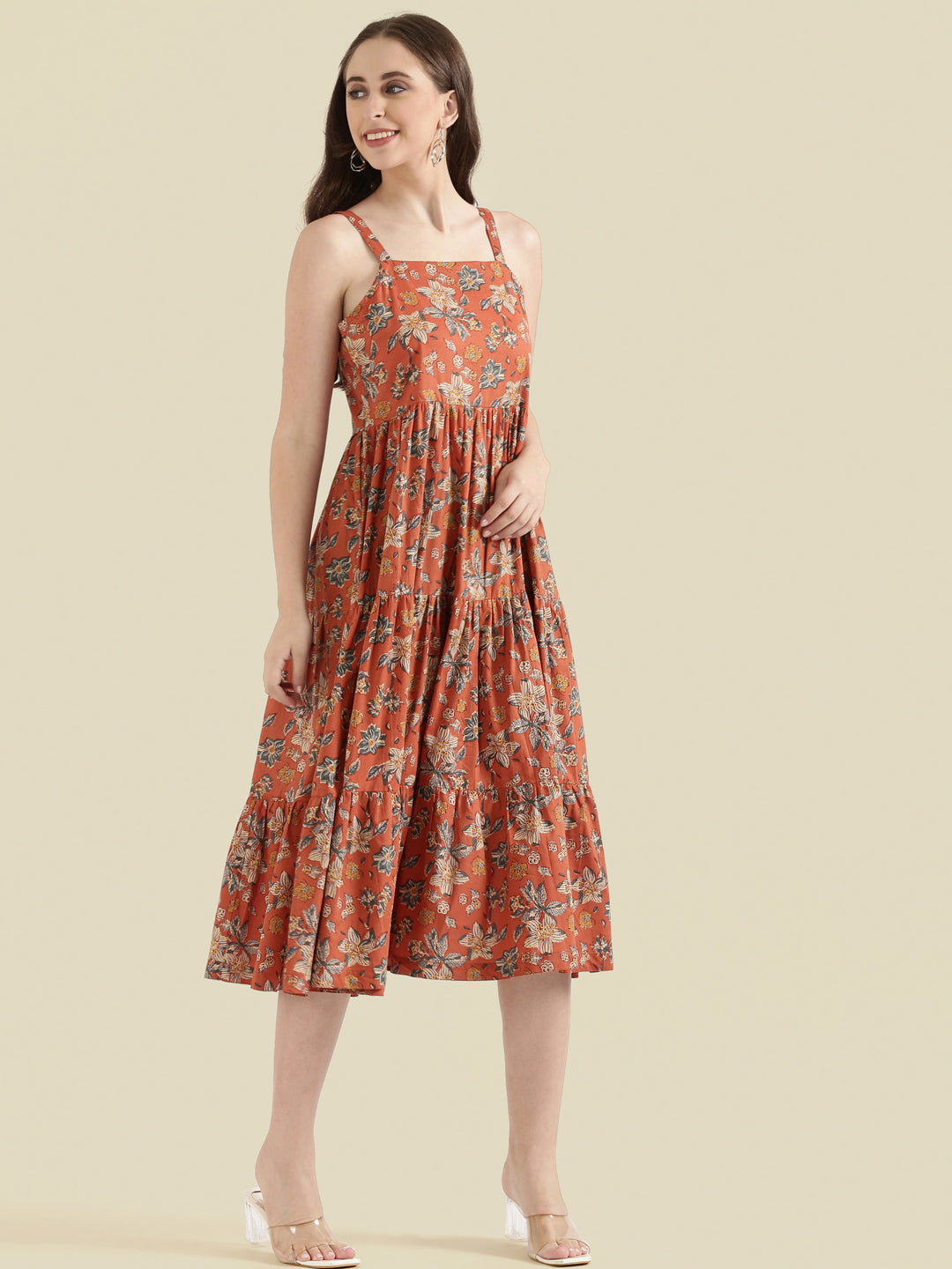 Floral Print Cotton Fit & Flare Square Neck Dress