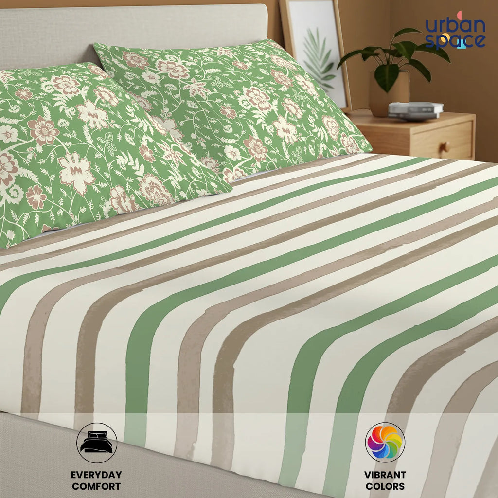 Divine Collection - Cotton Bedsheet With 2 Pillow Covers, Streak Sage Green