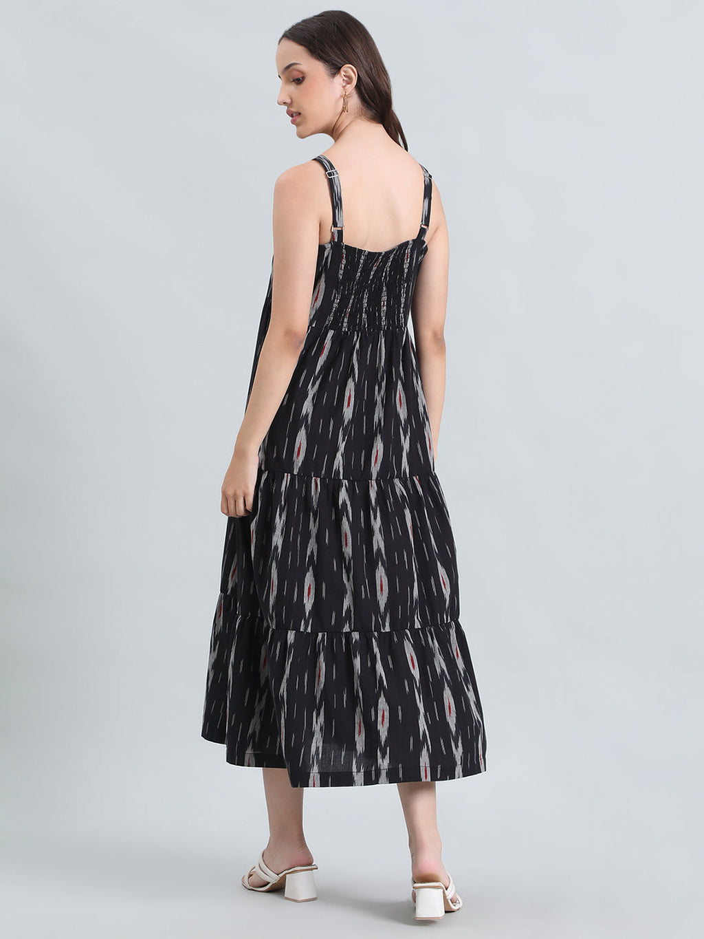 Ikat Print Cotton Smocked Back Tiered Dress