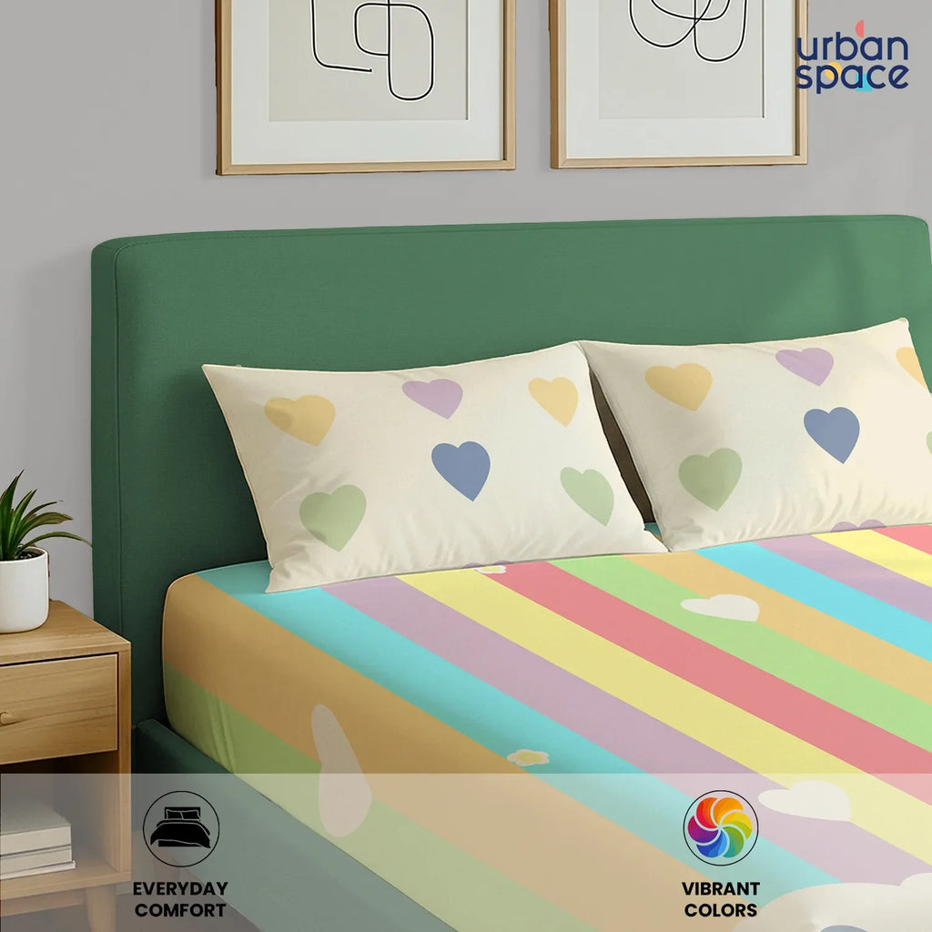 Divine Collection - Cotton Bedsheet With 2 Pillow Covers, Rainbow Hearts