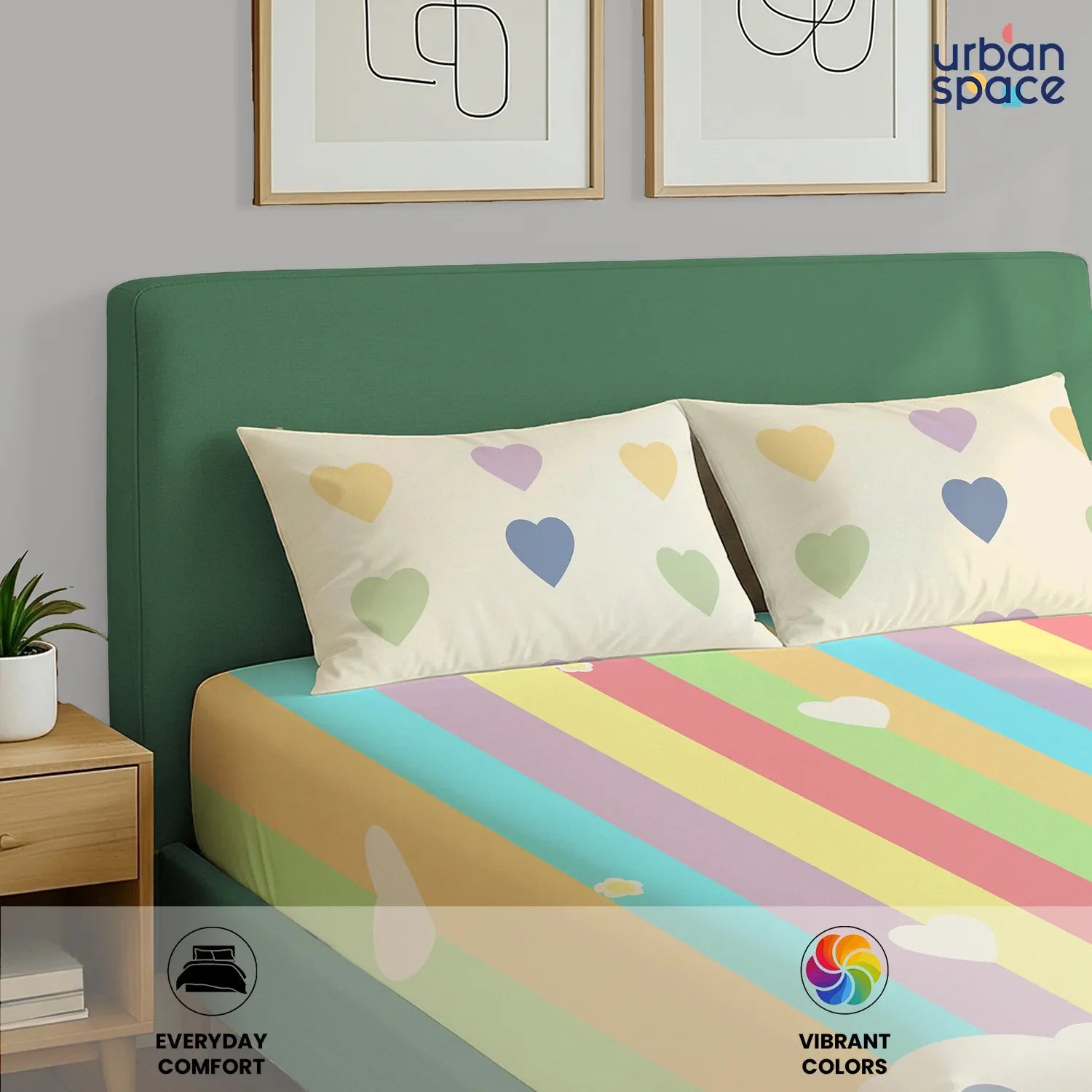 Divine Collection - Cotton Bedsheet With 2 Pillow Covers, Rainbow Hearts