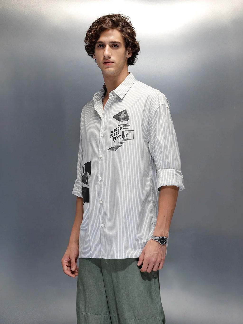 men's casual regualr fit placement print shirt | Green