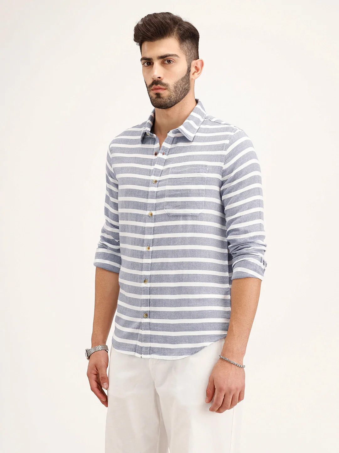 Regular Fit Striped 100% Cotton Shirt | Blue