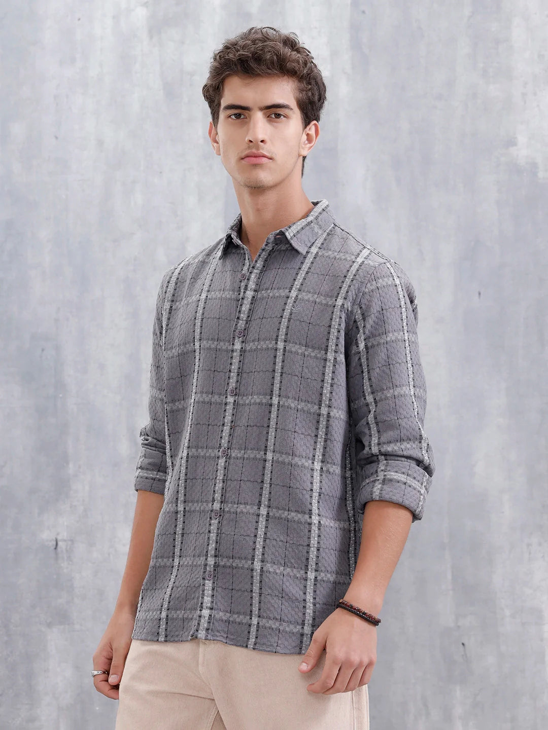 Textured Checkered Pattern Regualr Fit Shirt | Grey