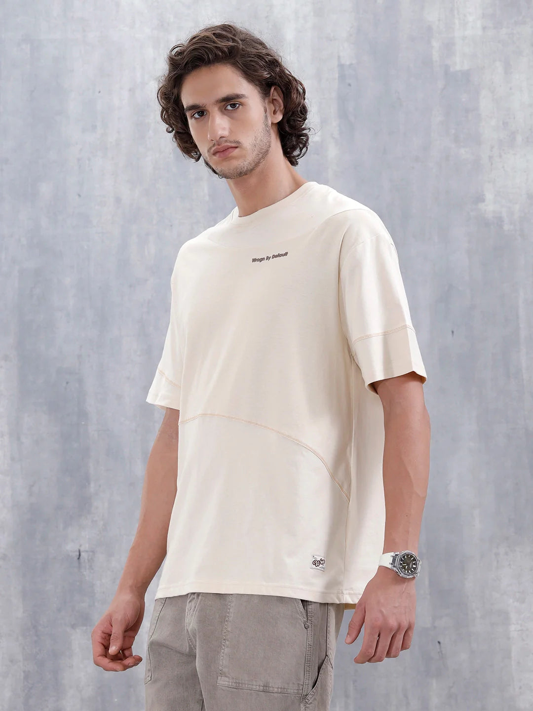 Casual Men Oversized Fit Tee With Flat Lock Detail | Beige