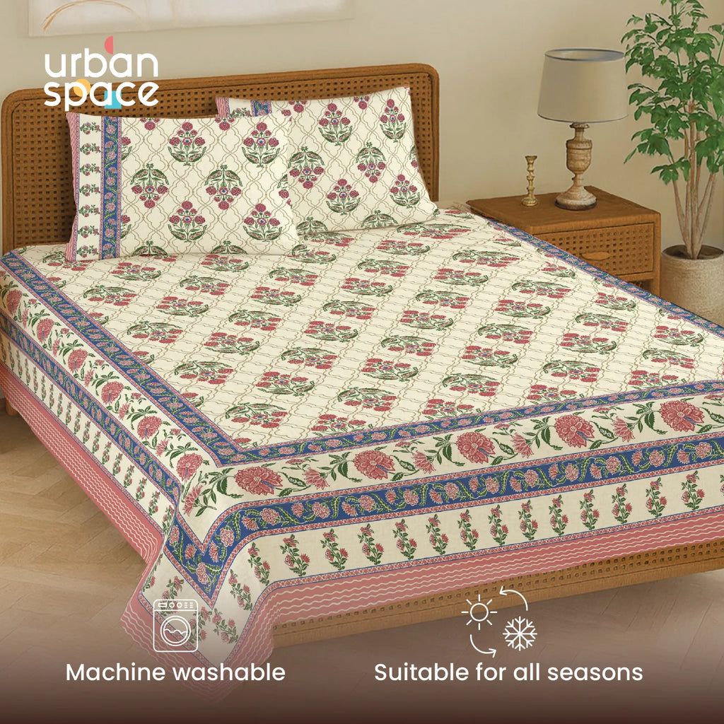 Rajasthani Ethnic 100% Cotton Bedsheet with 2 Pillow Covers - Amberjaal Pink