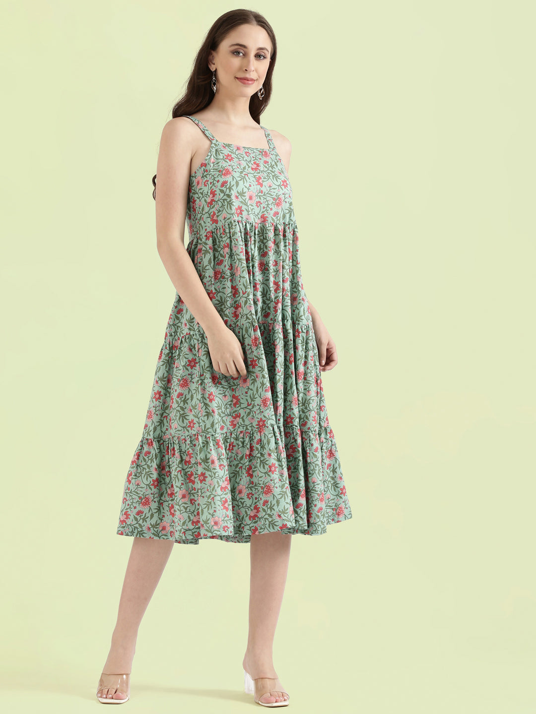 Floral Print Cotton Fit & Flare Square Neck Dress