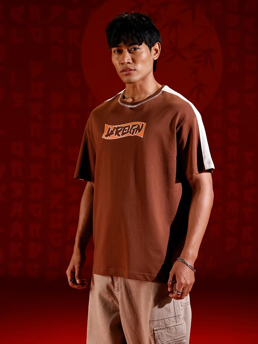Oversize chest print T-shirt with contrast shoulder and Stitch detail | Brown