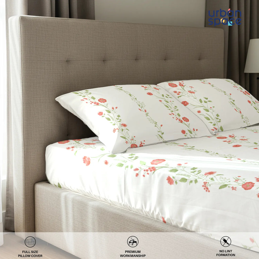 Serene Collection - Breathable 200 TC 100% Pure Cotton Bedsheet with Pillow Cover, Veil Bloom- Peach