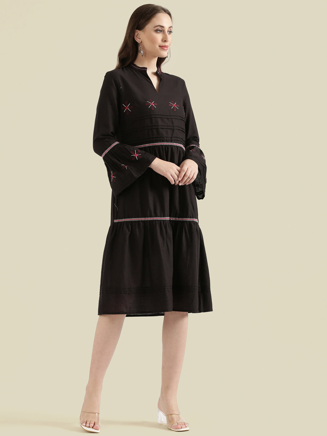 Cotton Embroidered Tiered Midi Dress