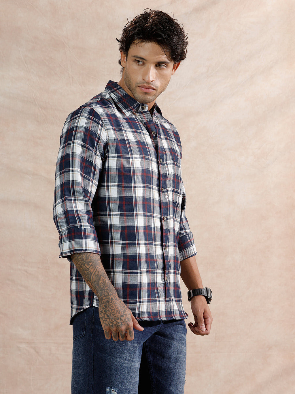 Dobby Check Regular Fit Shirt  | Navy Blue