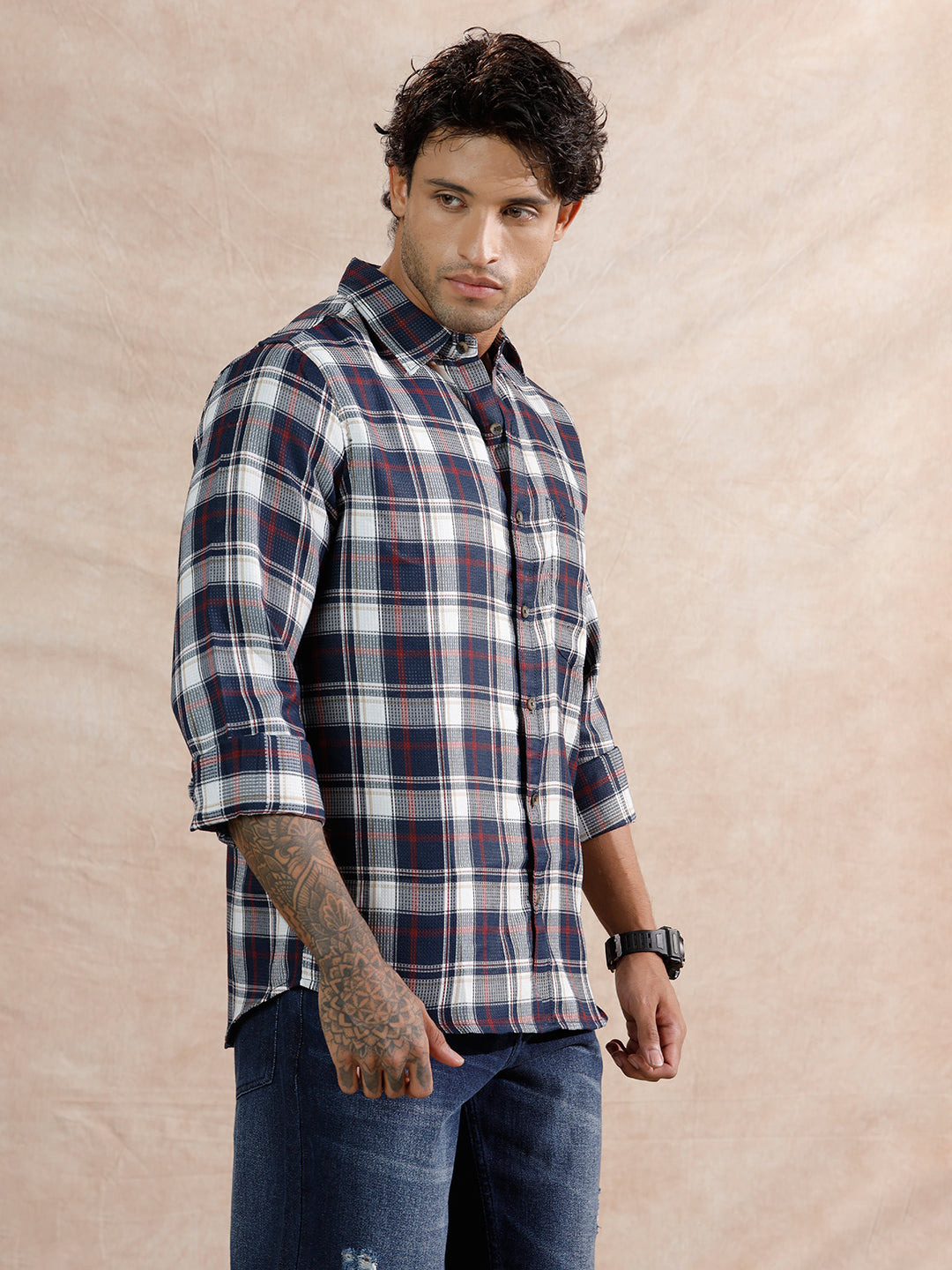 Dobby Check Regular Fit Shirt  | Navy Blue