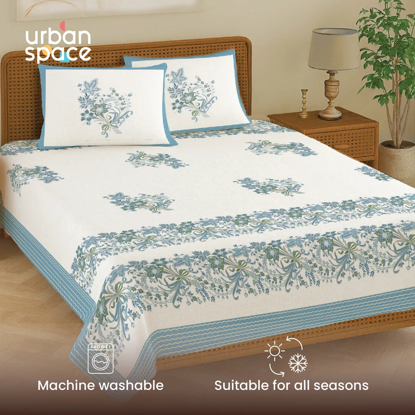 Rajasthani Ethnic 100% Cotton Bedsheet with 2 Pillow Covers - Taarini Blue