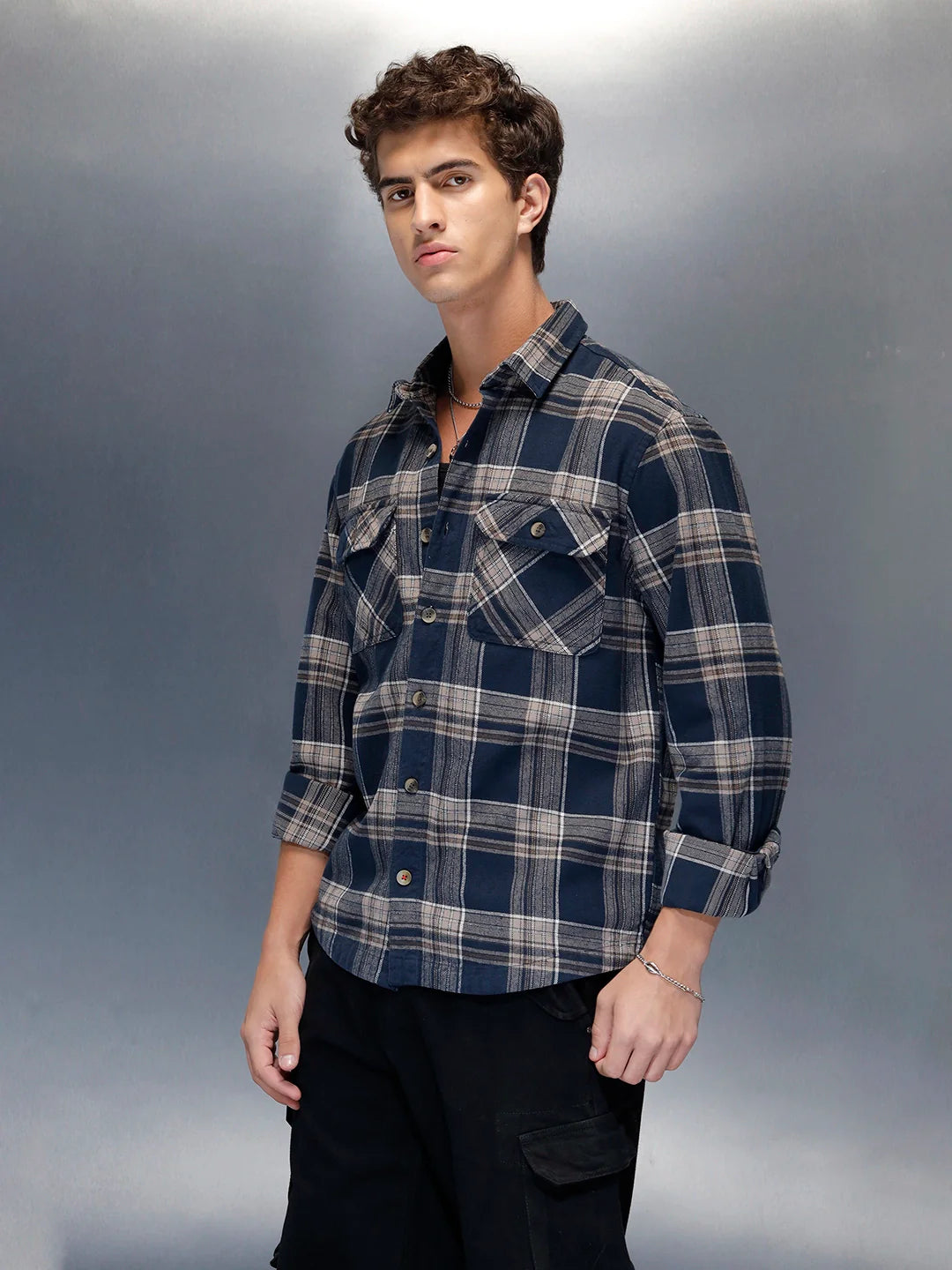 Men's casual checkered pattern regualr fit shacket  | Navy Blue
