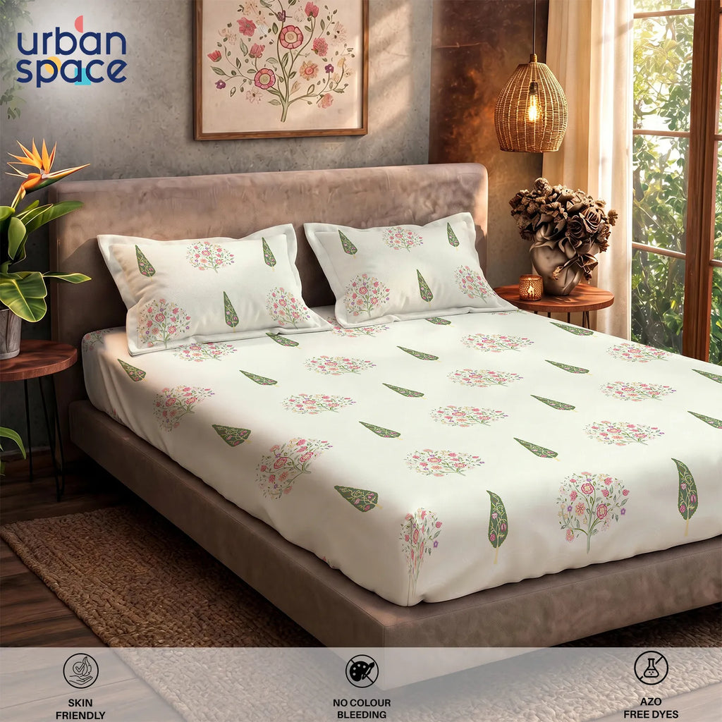 Serene 200 TC 100% Cotton Bedsheet with Pillow Covers - Kings Bloom